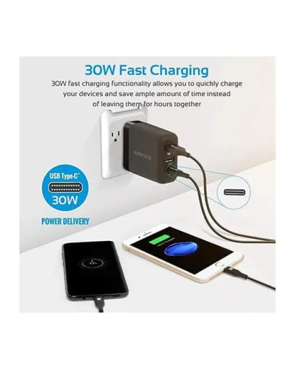 Promate, PowerHub-QC Travel Charger, Premium 3-Port 30W USB Wall Adapter with Type-C Power - Black alternate view 3